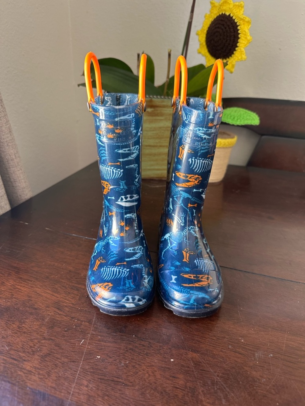 Western Chief Navy & Orange Dino-Print Kids Rain Boots